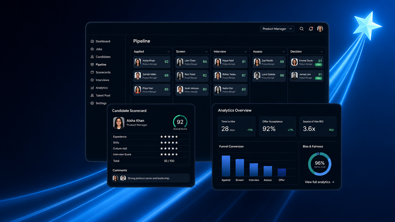 NovaTalent hiring pipeline, candidate scorecard and analytics dashboard